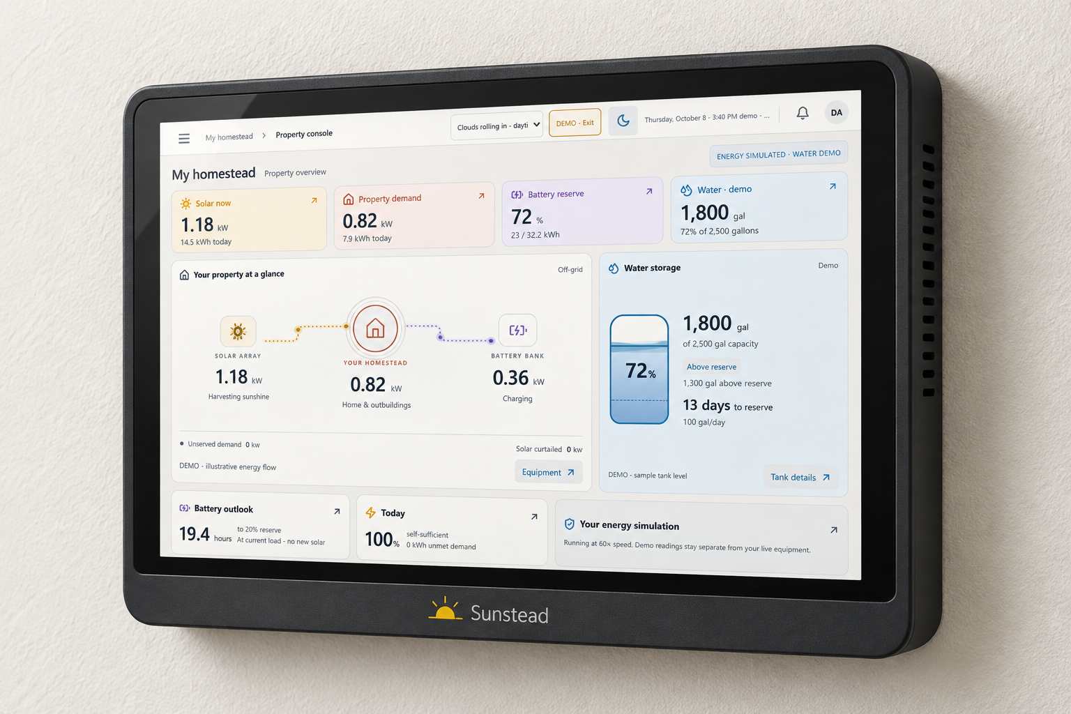 Sunstead branded enclosure concept with the light dashboard.